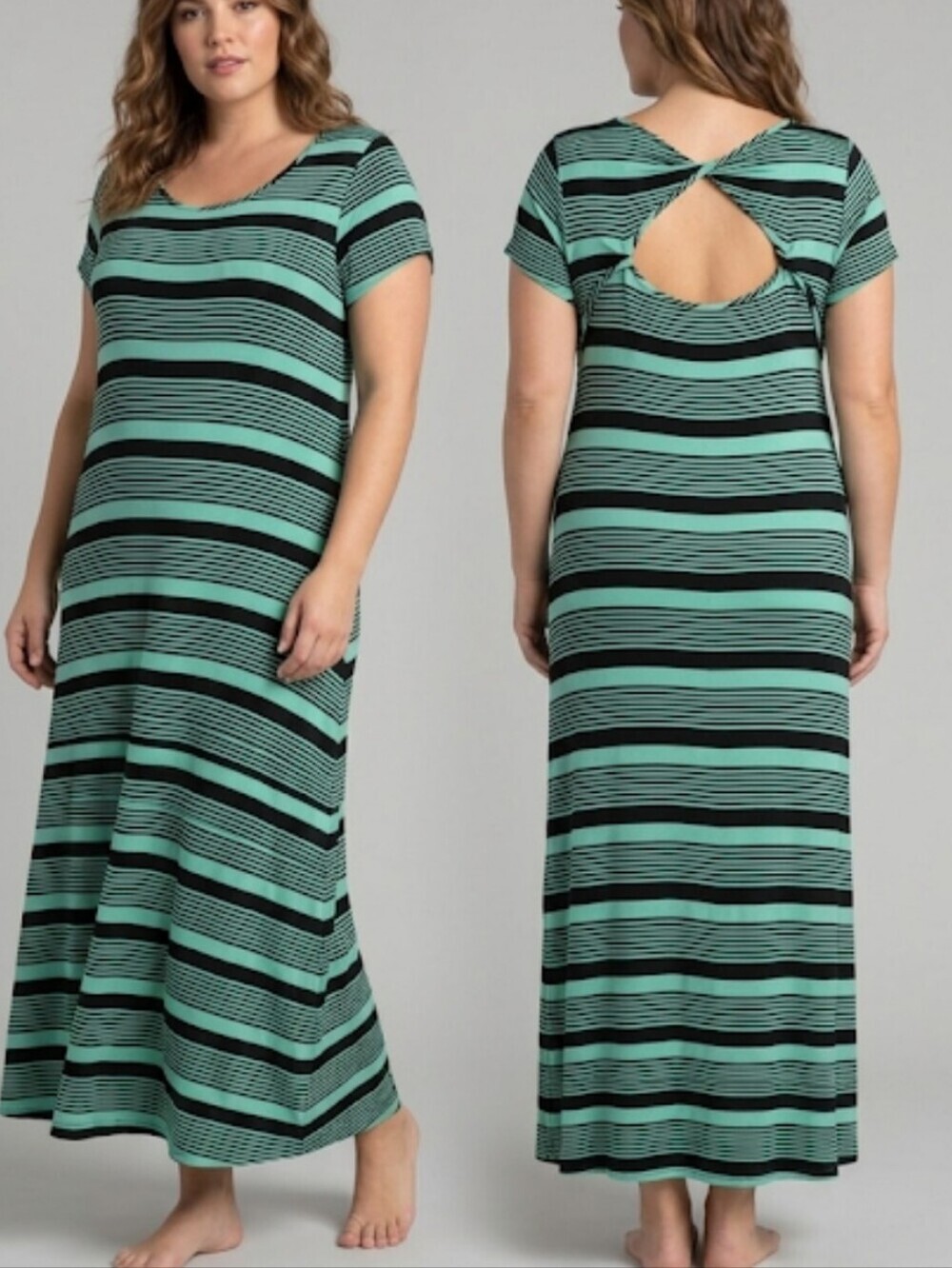 Striped Mint and Black Short-Sleeve Maxi Dress Best Fit 1X Form Fitting
